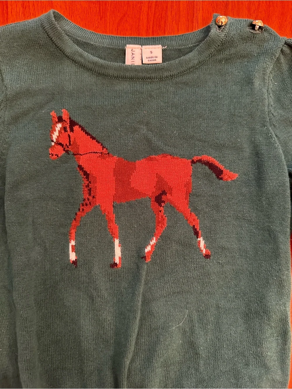 Janie and Jack Girls Green Horse Intarsia Sweater with Gold Button Shoulder